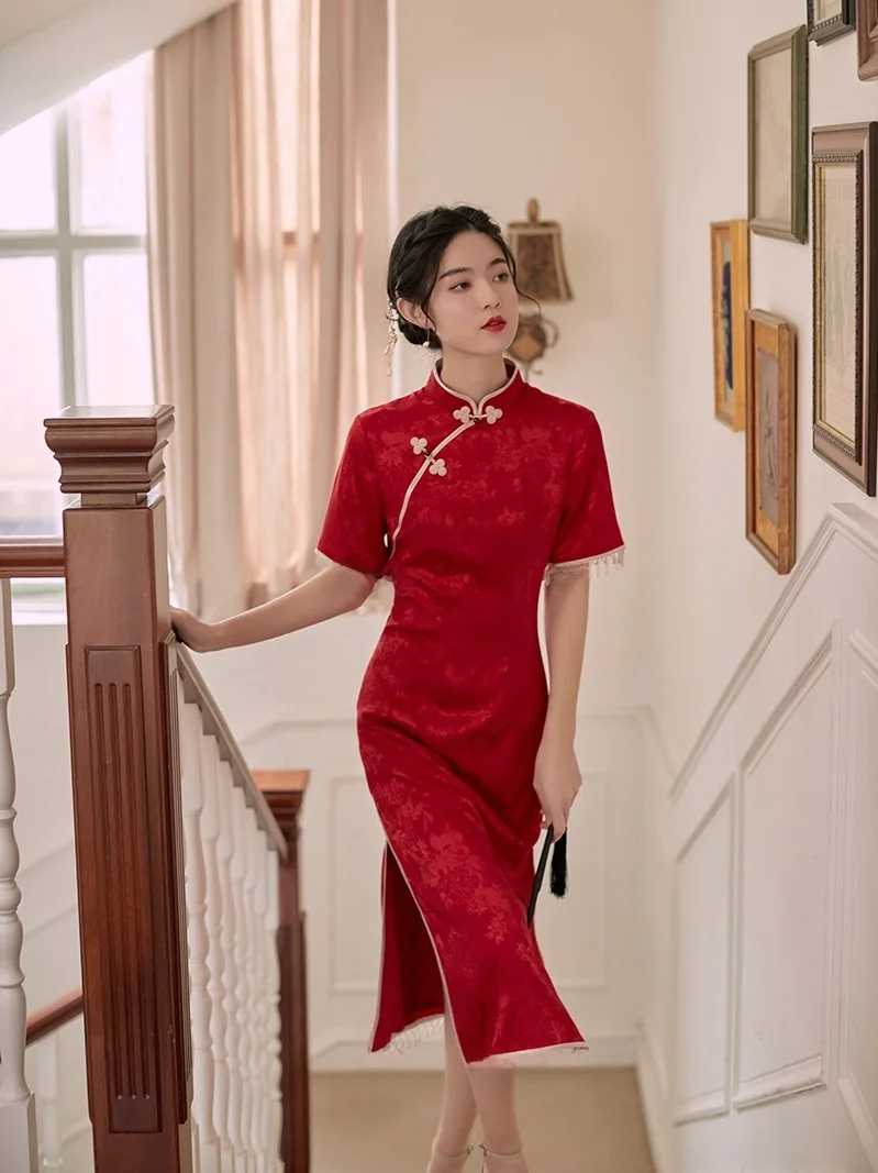 

Красное свадебное платье для невесты с высокими разрезами, короткими рукавами, в винтажном стиле, для помолвки