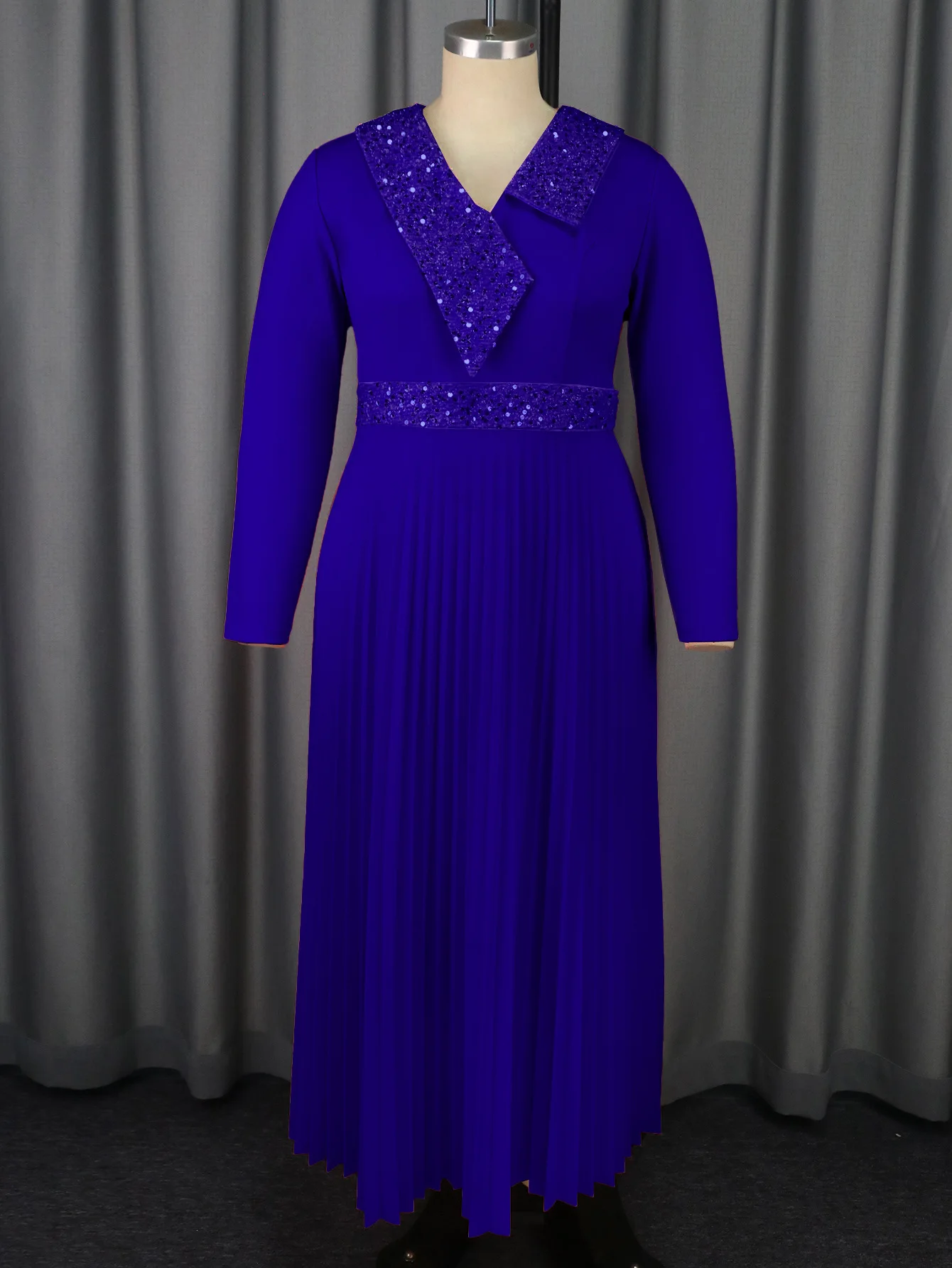 

Elegant Women Long Dresses V Neck Sequins Patchwork Long Sleeve A Line Pleated Evening Cocktail Event Outfits for Ladies 3XL