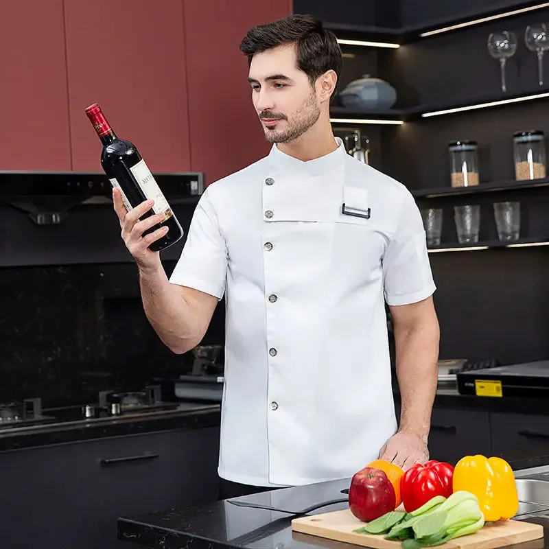 สีขาว Chef Coat โลโก้แขนสั้นเชฟผ้ากันเปื้อนสำหรับฤดูร้อนหัว Chef Uniform ร้านอาหารโรงแรมพิซซ่าพิซซ่า Pakaian Memasak