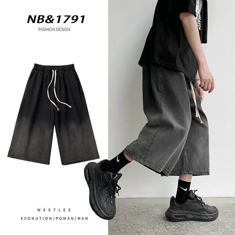 Summer Gradient Jeans Shorts Male Calf Length Trousers Denim Elastic Waist Short Jean Mens Oversized Black/Blue S-2XL