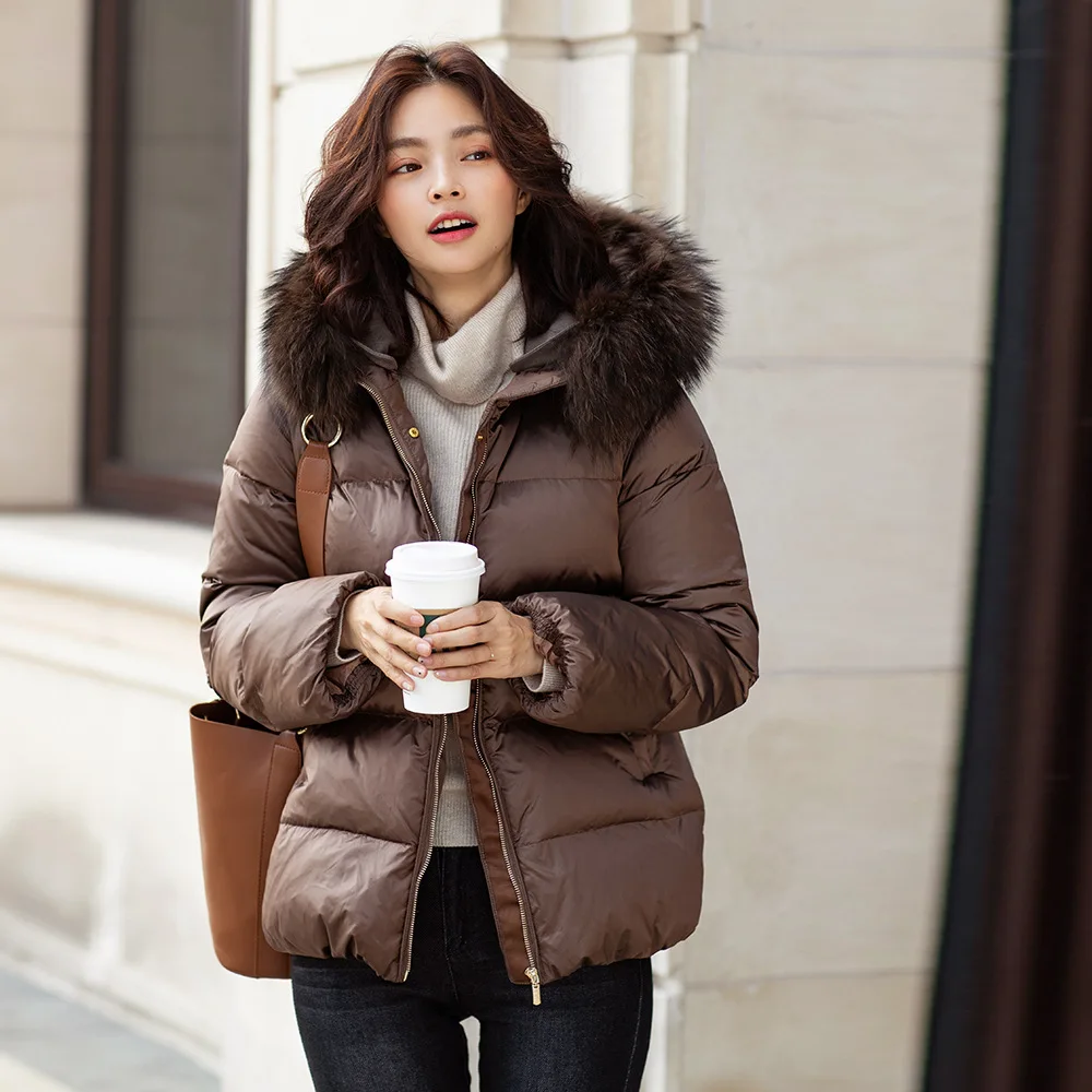 

Female Hooded Fur Collar Zipper Down Jacket Winter Vintage Solid Color White Duck Down Coat 2023 Women Loose Casual Down Jacket