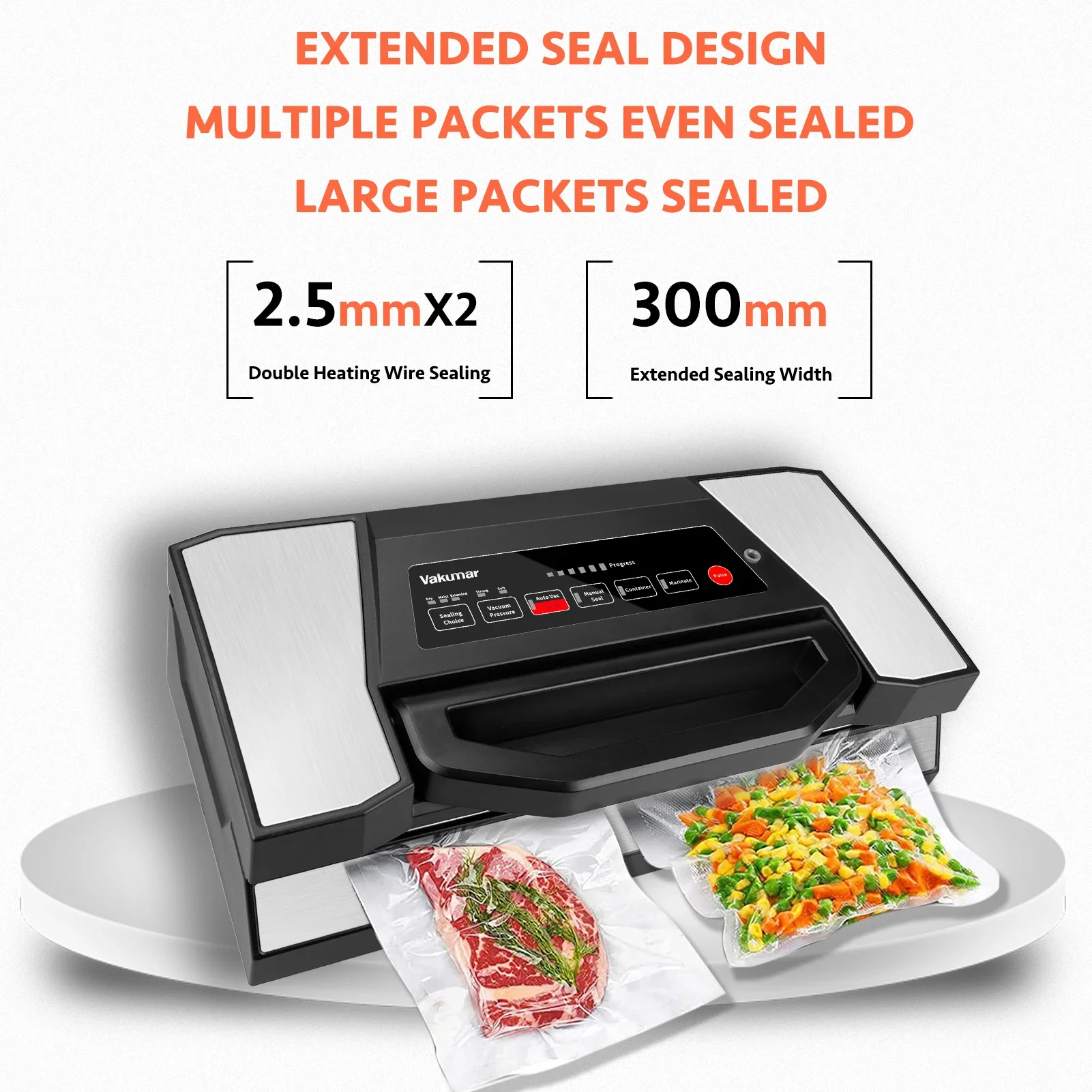 Vakumar VH5180 Kitchen Automatic Commercial Household Food Vacuum Sealer Packaging Machine Include 2 rolls Vacuum packed bags
