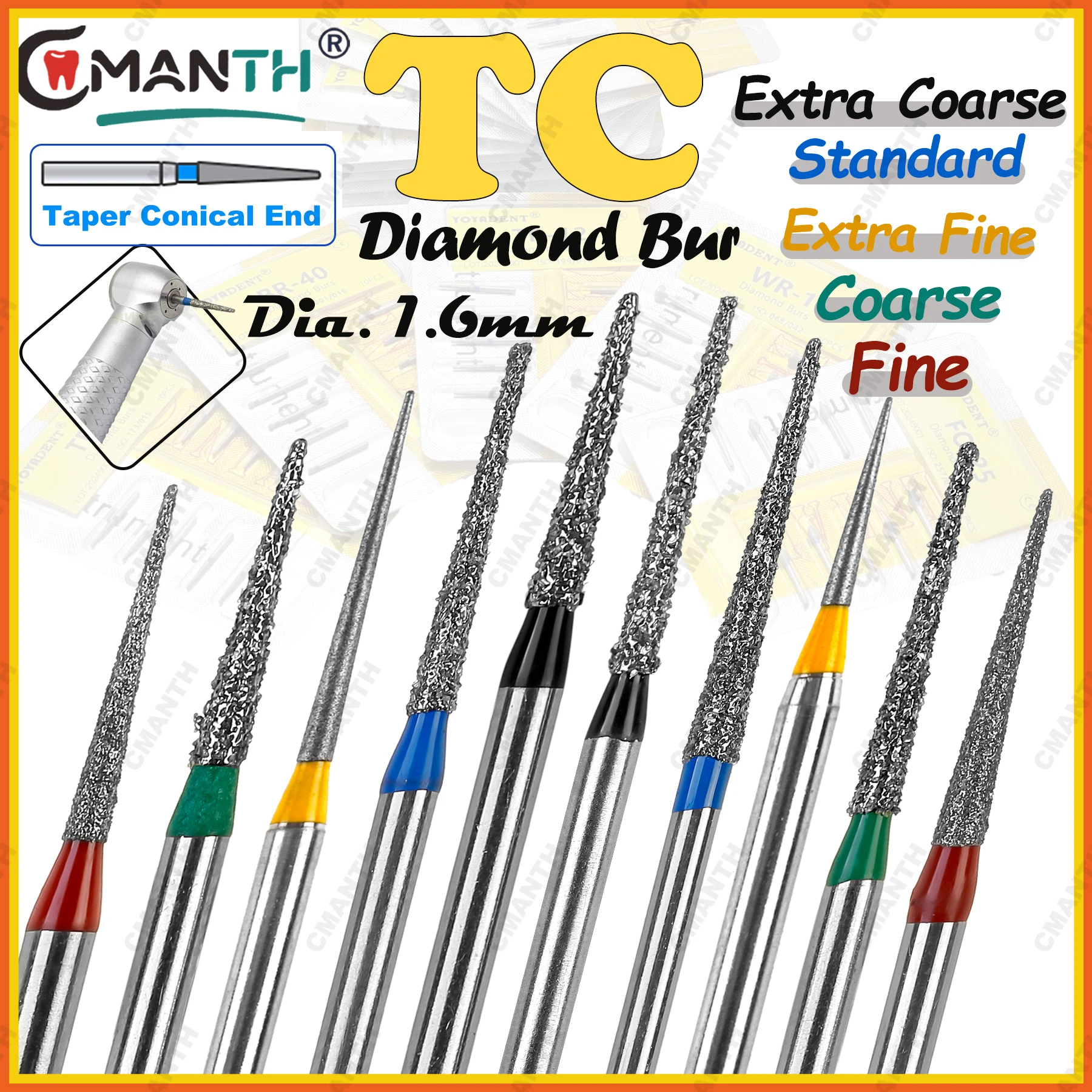 

Dental Diamond Burs TC Type Standard/Coarse/Fine/Extra Fine/Extra Coarse Burs For High Speed Turbine Dental Materials 10pcs/Pack