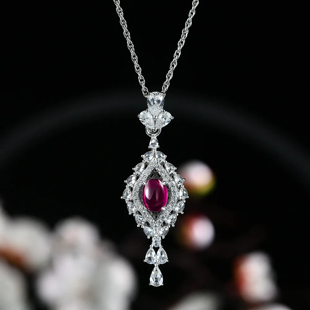New S925 Silver 2-carat Egg Shaped 6 * 8 Cultivated Emerald/cultivated Red Gemstone Collarbone Necklace Wedding Jewelry