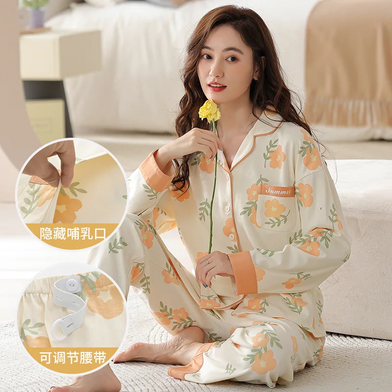 Combed Cotton Maternity Nursing Sleepwear Sets Spring Autumn Breastfeeding Pajamas Pregnancy Sleep Home Hospital Wear