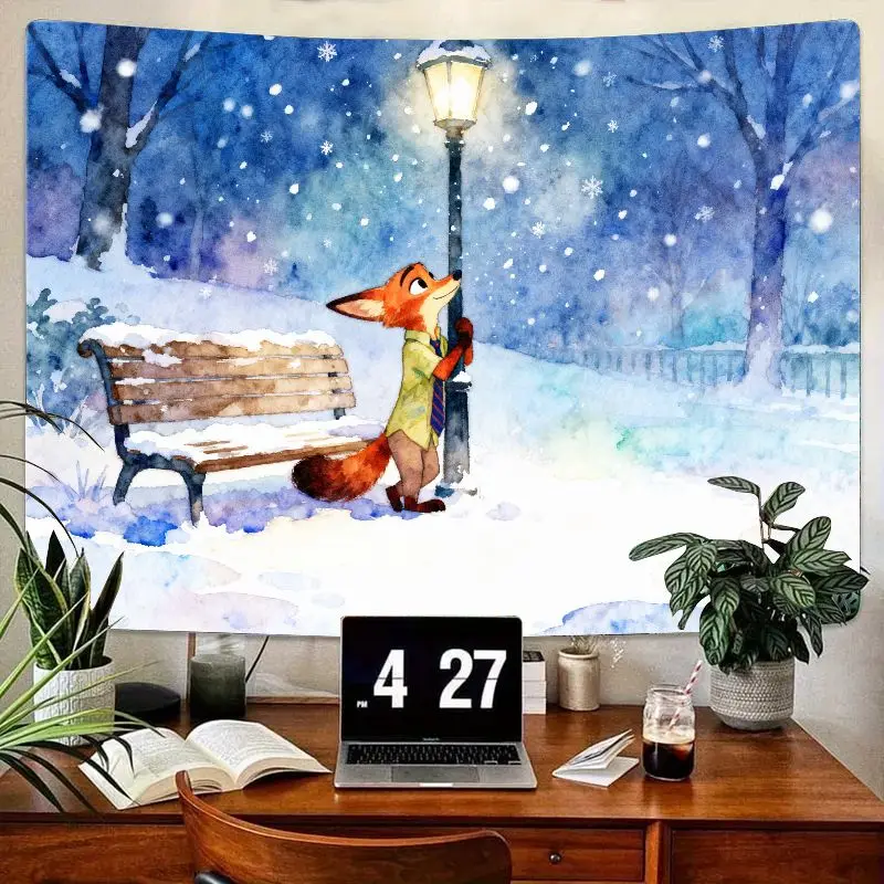 

1 шт., зимний снежный парковый гобелен с изображением лисы и фонарным поста, современный акварельный настенный художественный декор для спальни, гостиной, общежития, подарок