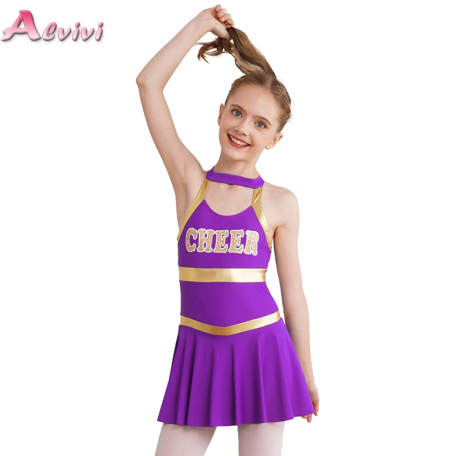 

Kids Girls Cheerleading Clothing Sleeveless Letter Print Patchwork Crisscross Back Dance Dress Cheerleader Cheerlead Uniform