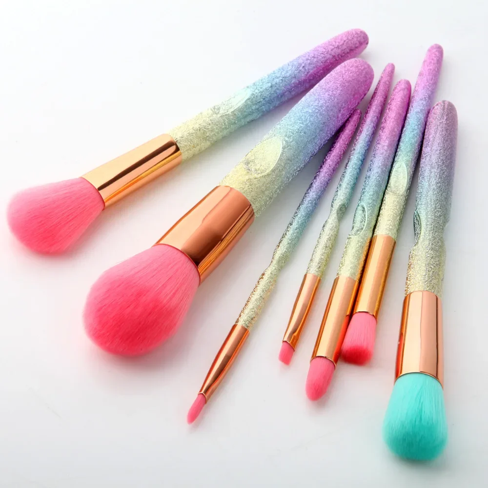 7Pcs Rainbow Glitter Makeup Brushes Set Portable Powder Blush Blending Eyeshadow Brush Kit Unicorn Cosmetic tool with Box