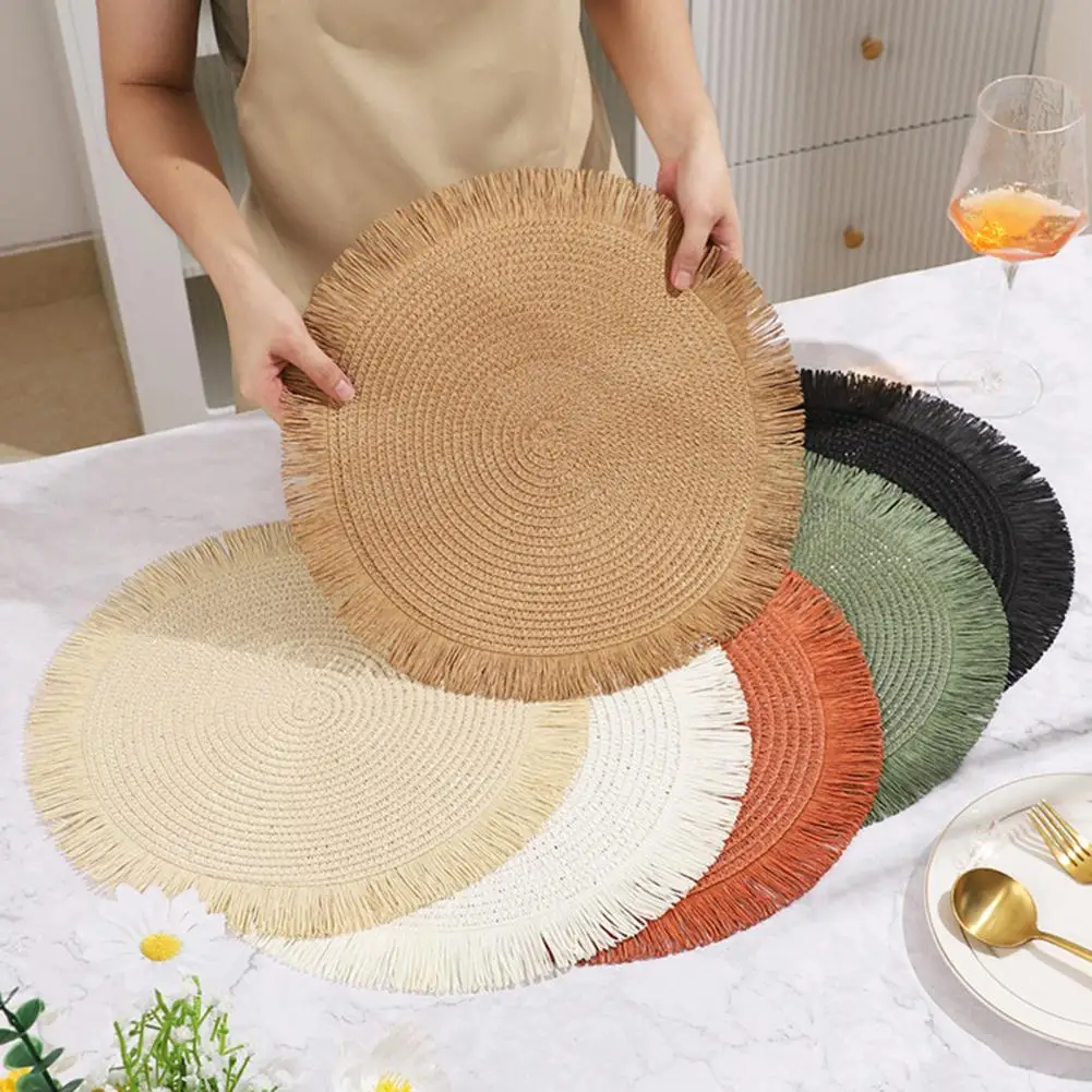 Wrinkle-resistant Table Mats Braided Round Placemats with Tassels Heat Resistant Woven Table Mats Non-slip Natural Fabric Dining