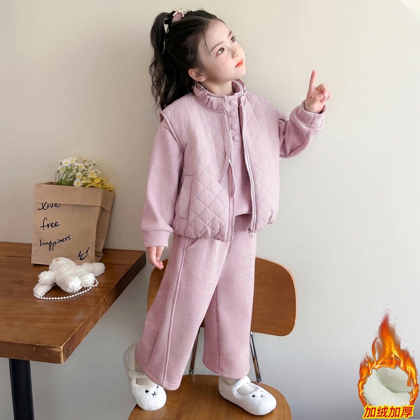 New Winter 2 3 4 5 6 8 10 Years Children Suits Thicken Candy Color Casual Tops+Pants+Vest 3pcs Sets Plus Velvet For Baby Girls