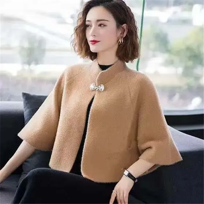 Women Imitation Mink Velvet Sweater Short Knitted Shawl Coat Autumn Winter Thicken Embroidered Cloak Elegant Cardigan Jacket