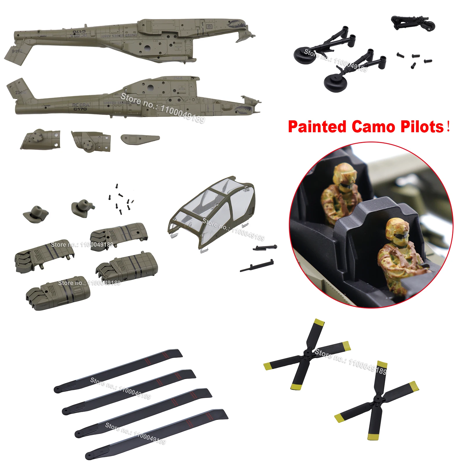 Original RC ERA C170 AH-64 Apache RC Helicopter Spare Parts Painted Pilots Fuselage Main Blade Grip Tail Rotor Landing Skid
