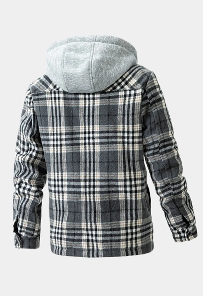 Winter Fleece Men Shirt Plaid Print Hoodies Parkas Jacket Thicken Warm Hooded Overcoat Shirt Style Jackets Outerwear MY985