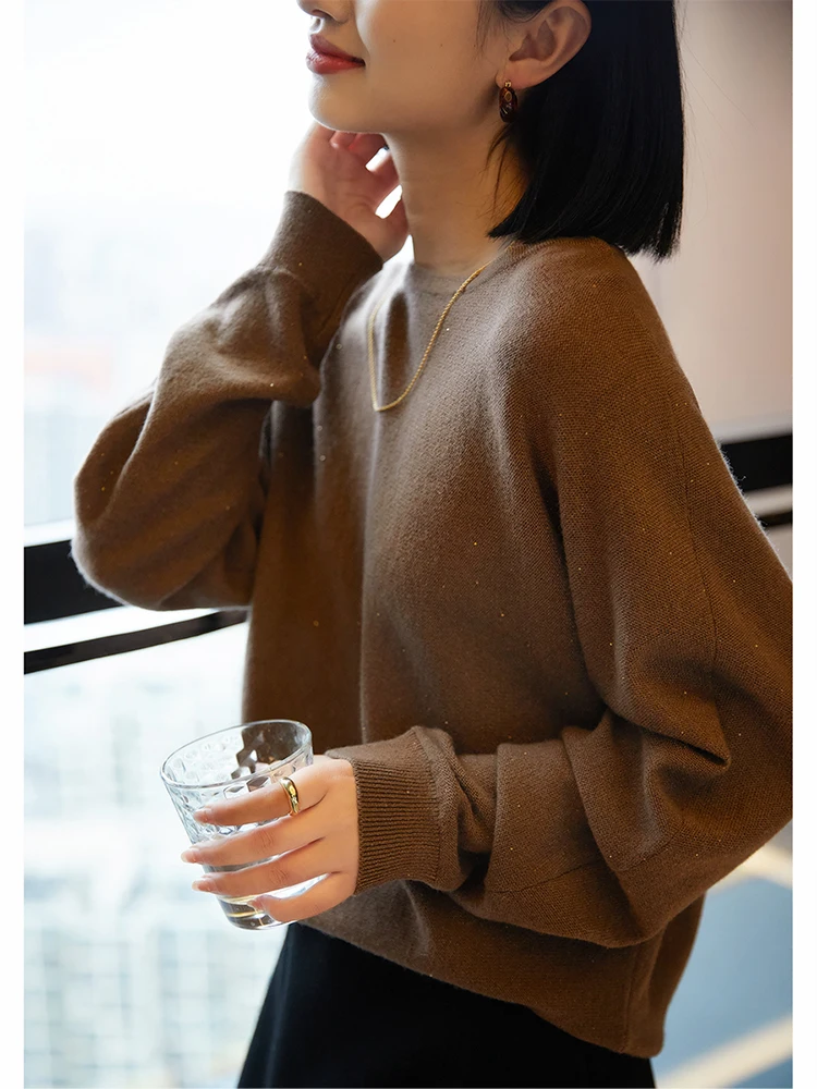 

Xhange Wool Camere Sequin round Ne Knitwear Spring 2025 Commute Sle Women's Long Sve Overhead Faion Bright Sensati...