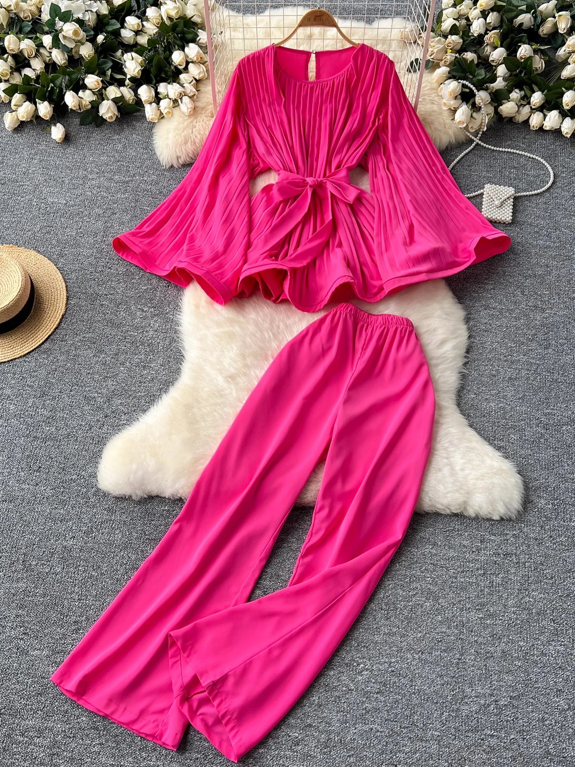 

Spring Autumn Women Purple/Green/Rose Red/Black Draped Two Piece Set Vintage O-Neck Flare Long Sleeve Tops + Casual Pants Suit