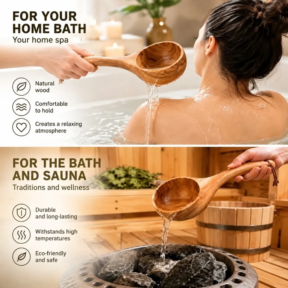 Hanging Strap Wooden Sauna Ladle Lightweight Design Natural Wood Material Natural Wood Water Scoop Ergonomic Handle