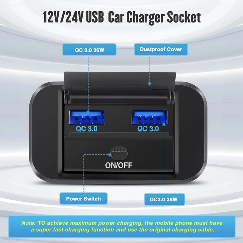 Prise de charge rapide USB pour touristes, panneau de commutation, chargeur de voiture pour bateau marin, moto RL, QC3.0, 36W, 12V, 24V, 4 pièces