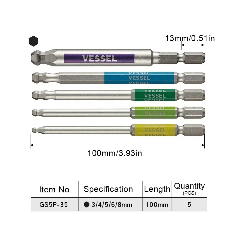 VESSEL Series 5Pcs Screwdriver Bit Set Strong Magnetic Bits 6.35mm Hex Bits Hand Tool Accessories GS5P-35 GS5P-36 Electro - tool