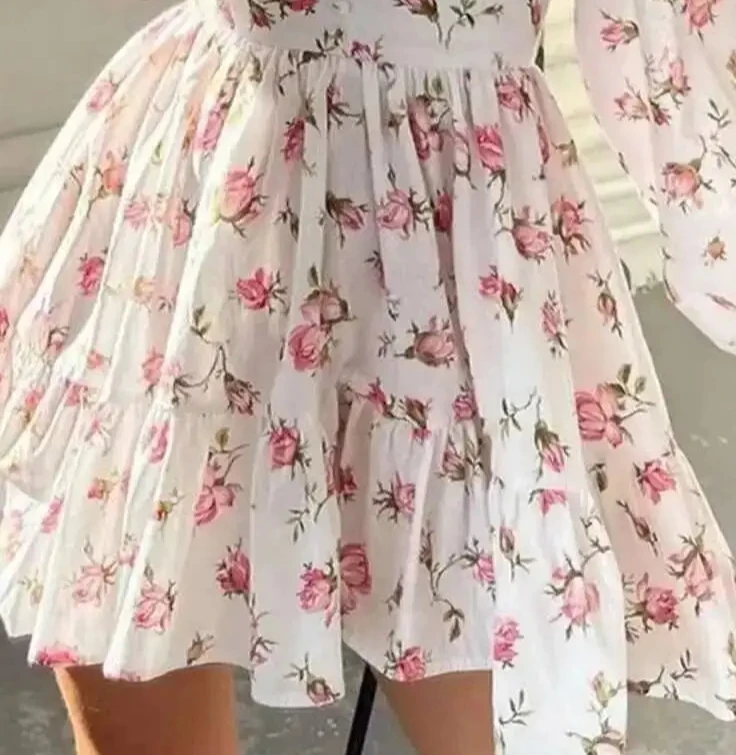 Mini abito da donna con stampa floreale a vita alta A-Line abiti estivi a maniche lunghe con scollo a V abiti casual da vacanza al mare vintage