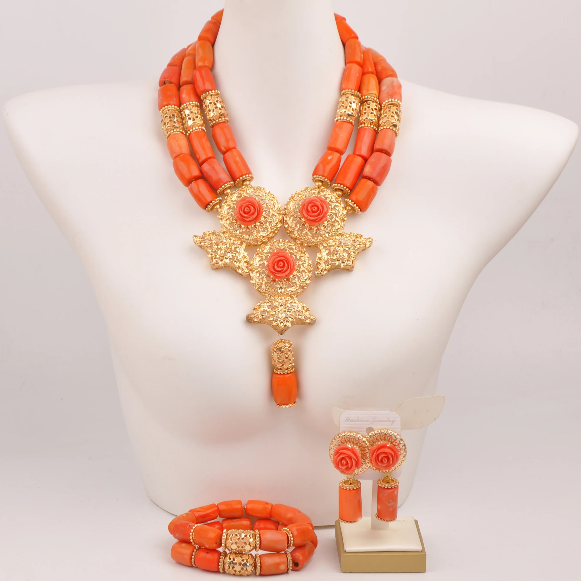 

Fashion Orange Original Coral Bead Necklace Nigerian Wedding African Jewelry Set for Women