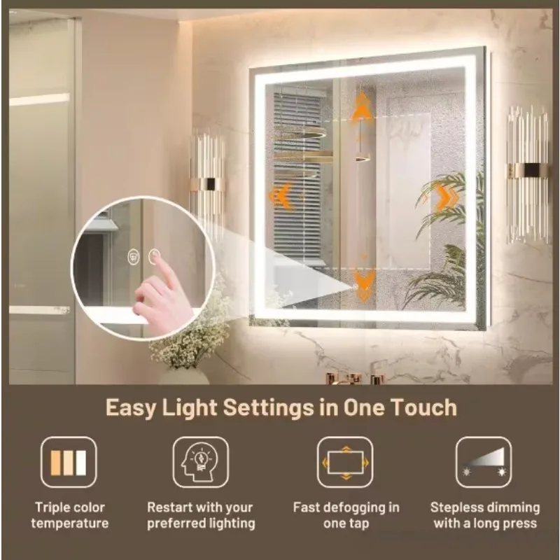 Rectangular Frameless with Frontlit&Backlit Anti-Fog LED Mirro Wall Mount Bathroom Vanity Mirror, Simple fashion, easy to instal
