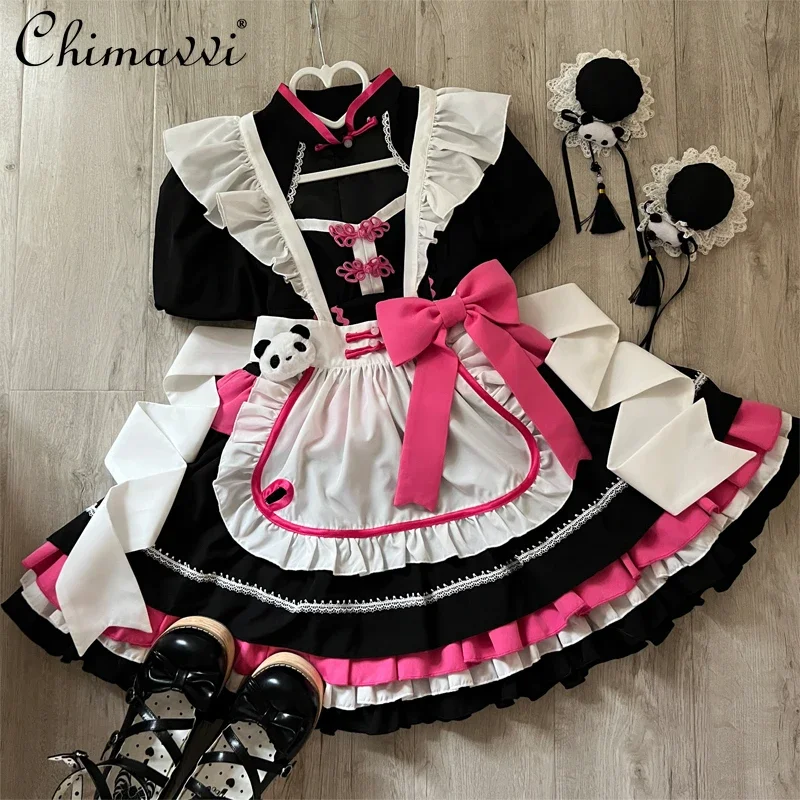 Original Lolita Maid Dress Summer New Chinese Style Women Cute Girls Short Sleeve Bucket Op Dress with Apron Leg Warmer Outfits