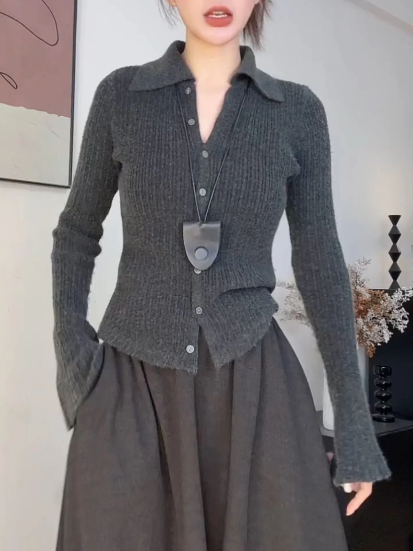

Ele Ne Long Sve Knitted Sweater Women's Slim Fit Inner Wear Base irt ey Top Casual Sle Autumn Faion