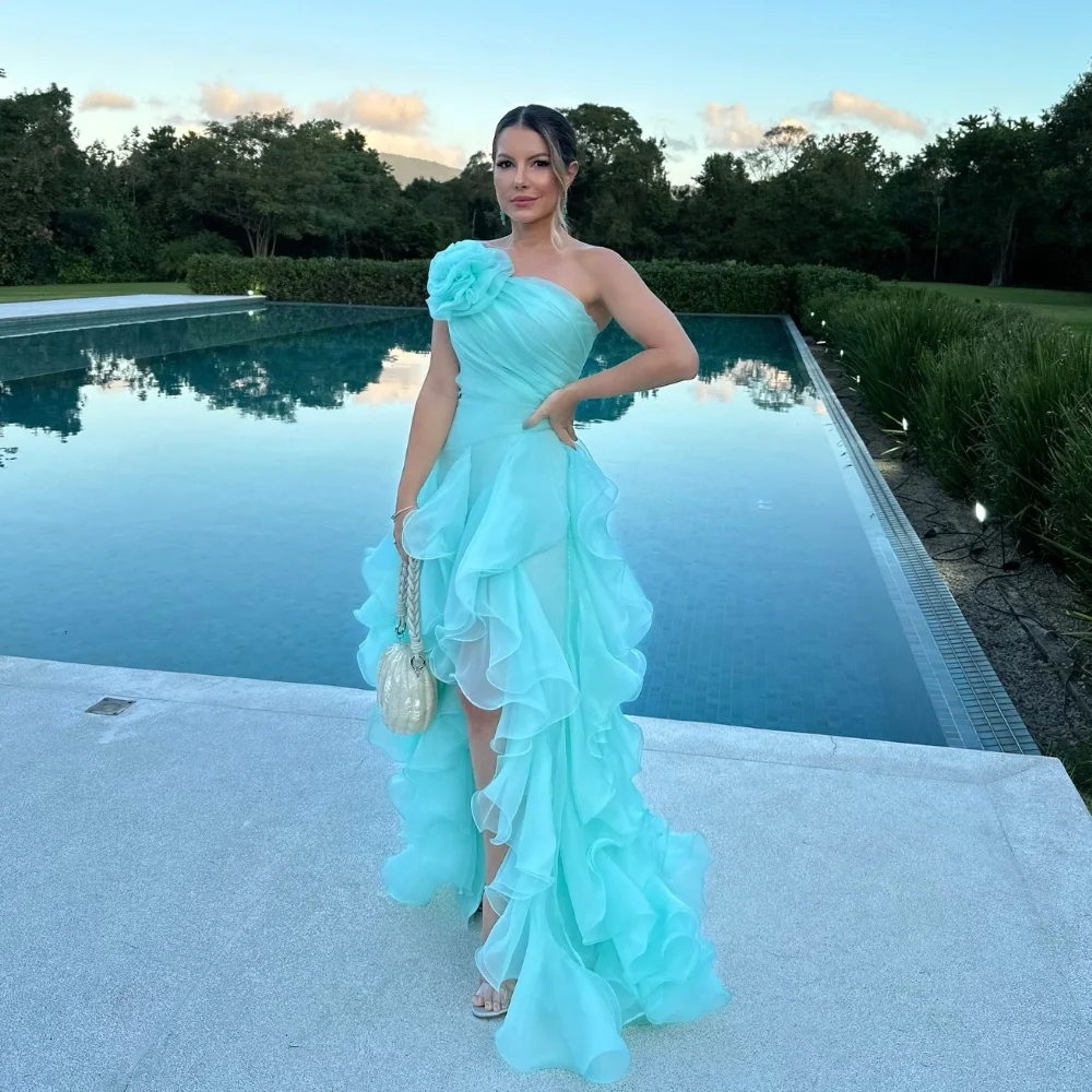 Customized Matching Fashion Pleat Ruched Handmade Flower A-line One-shoulder  Ankle Length Evening Dresses For Birthday Party
