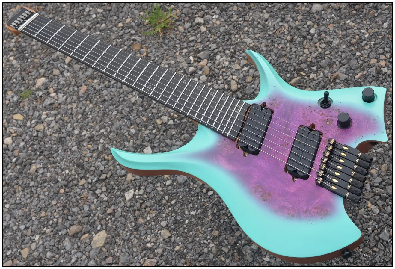 

2024 Fanned frets 7 Strings Headless Electric Guitar purple Mahogany Maple Neck ebony fretboard HH pickups