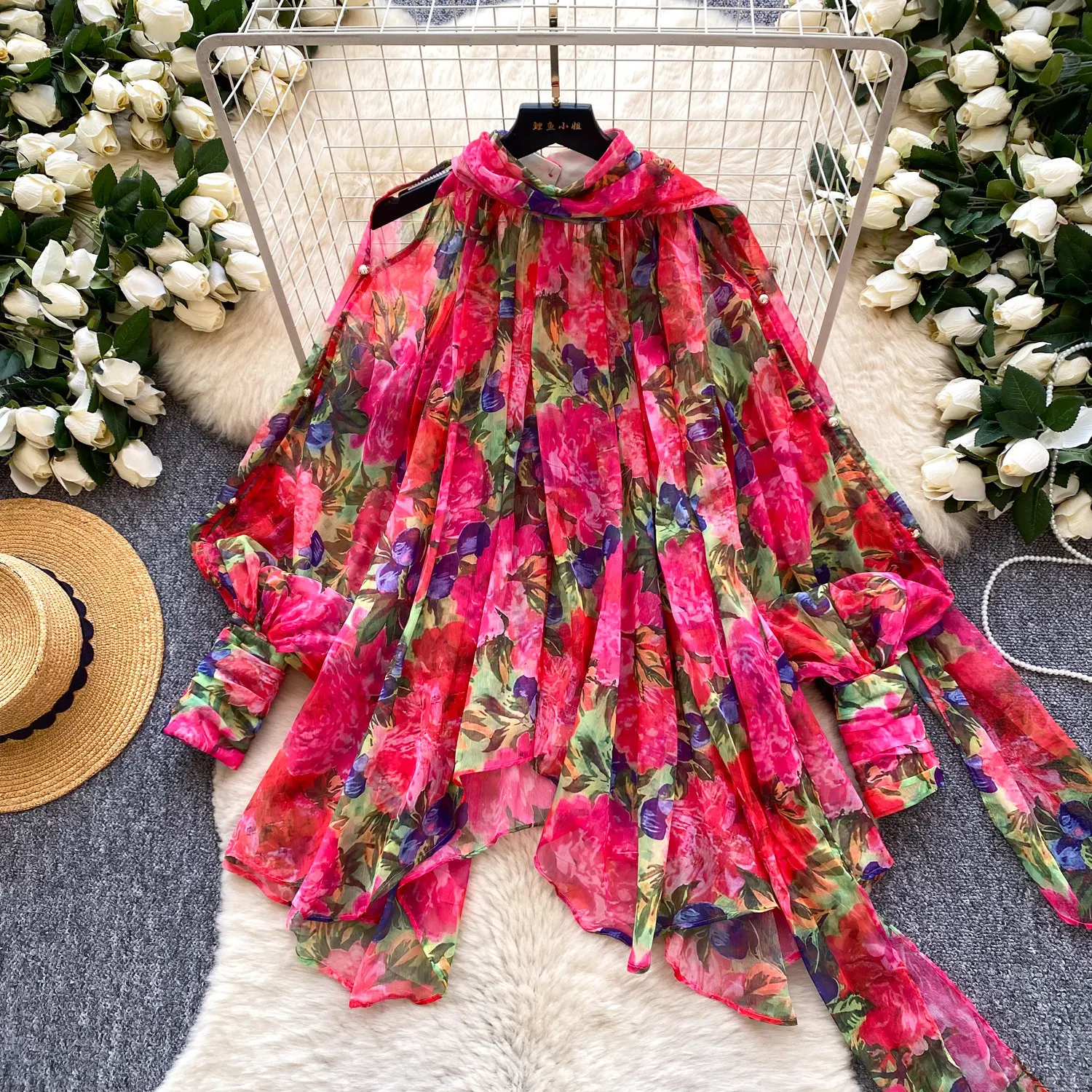 

Blouses Women Shirt Vintage Full Sleeve Tops Print Floral Sexy Y2k Streetwear Elegant Splice Lace Up Bow Shirts 2026 Spring