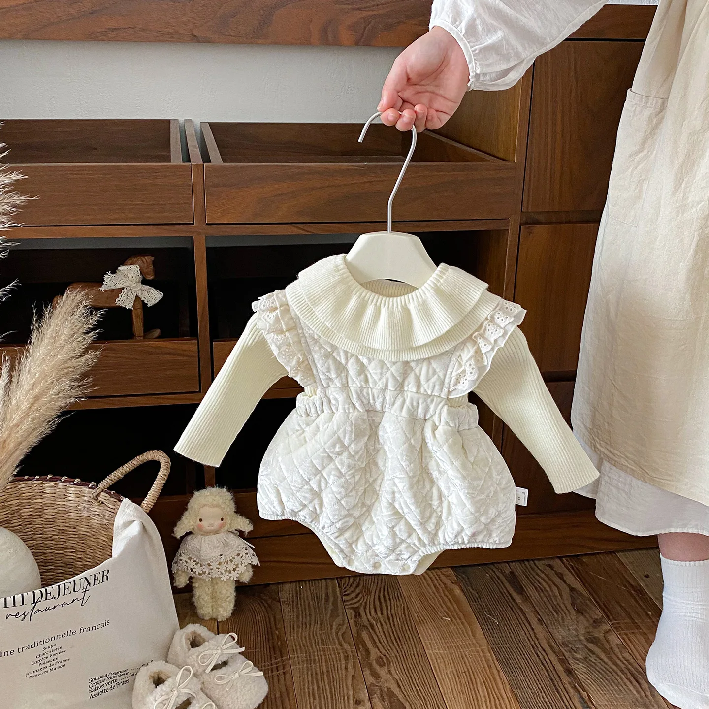 

Toddler Kids Girl 2piece Set Winter Thick Warm Velvet Infant Baby Girl Overalls+cartoon Print Ruffle Collar Newborn Girl Shirt