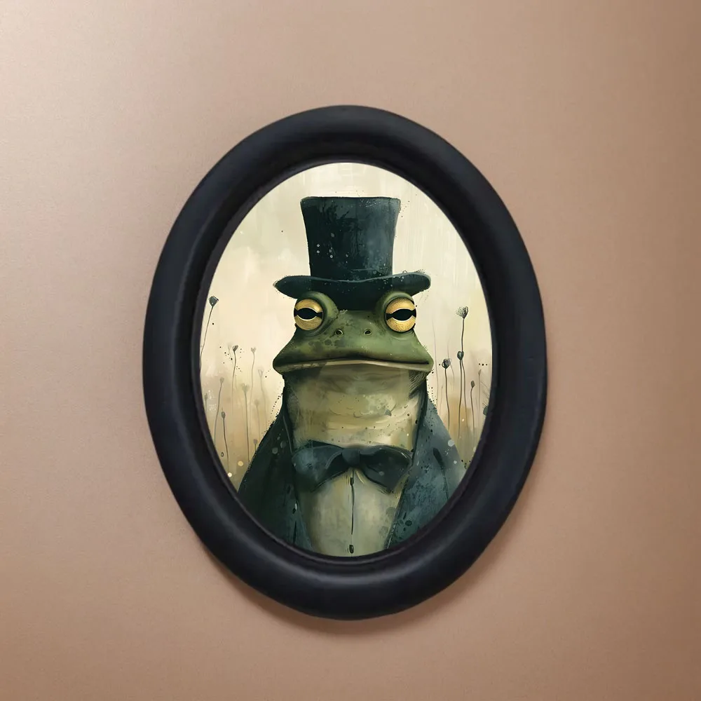 1 Piece of Vintage Gentleman Frog Oval Frame Wall Decoration, High-Top Hat and Bow Tie Frog Decorative Painting, Dark Academy Style Wall Decor for Study Room and Bedroom, Gift for Frog Enthusiasts
