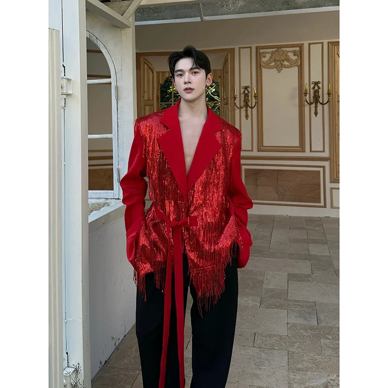 

Красный вечерний костюм с пайетками и бахромой для выступлений, для мужчин и женщин, яркий сценический наряд, высококачественный пошив, прямой подол