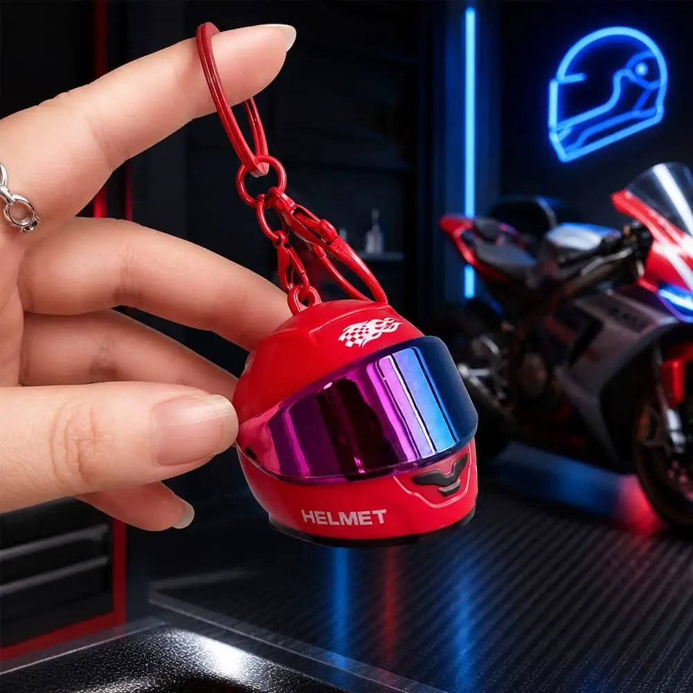 3D Mini Motorcycle Helmet Keychain LED Light Visor Helmet Charm Key Ring Backpack Pendant Biker Gift Accessory
