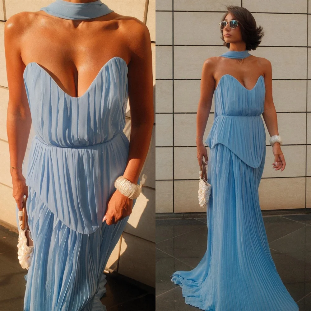 

Customized Classic Blue Chiffon Evening Dresses Exquisite Strapless Celebrity Gowns Fashion Sweep Train Vestido De Festa
