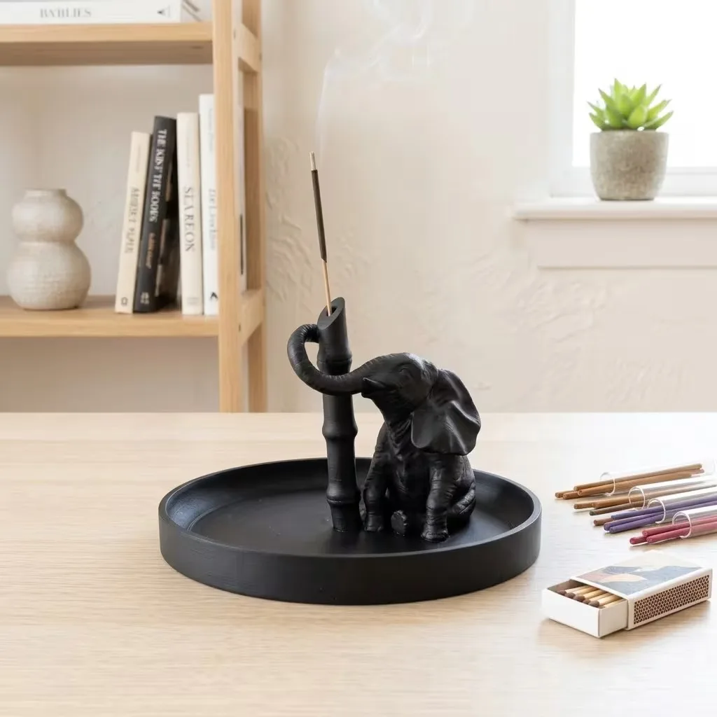 New 3D printed elephant shaped incense stand with a curved nose, paired with a circular tray and Zen style decorative ornament