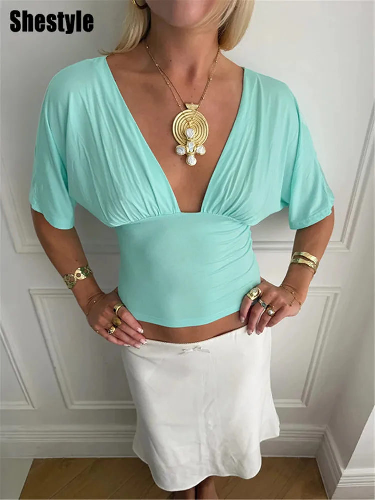 Shestyle Deep V-Neck Green T-Shirt Women Half Sleeve Waist-Cinching Back Bandage Basic Solid Tees Office Lady Commute Tops