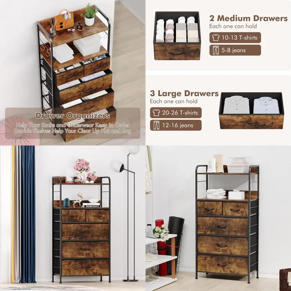 5-Drawer Bedroom Storage Cabinet with Fabric, Metal Frame, Wooden Top, and Easy Pull Handles