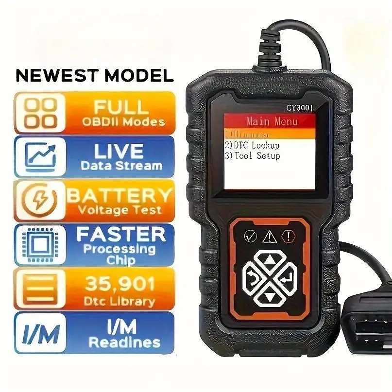 

Автомобильный сканер OBD2, диагностический инструмент, считыватель кодов, автомобильный тестер напряжения, сканер кода неисправности двигателя, тестер зарядки, диагностический CY3001