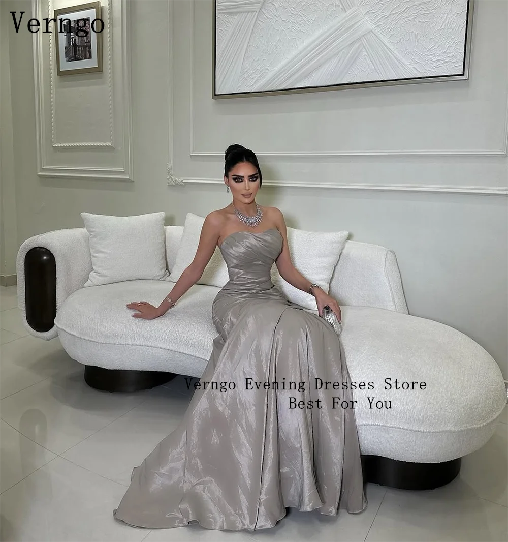 Verngo Gray Silk Evening Dresses Strapless Mermaid Elegant Prom Party Dresses Arabic Formal Occasion Dresses Customized