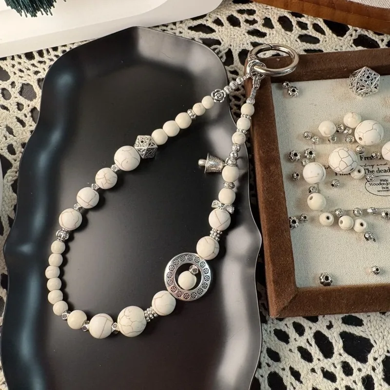 Antique Silver Luck Beaded Phone Lanyard Keychain High Color Retention with Extra Charms Instagram Style Fashion Accessory Gift