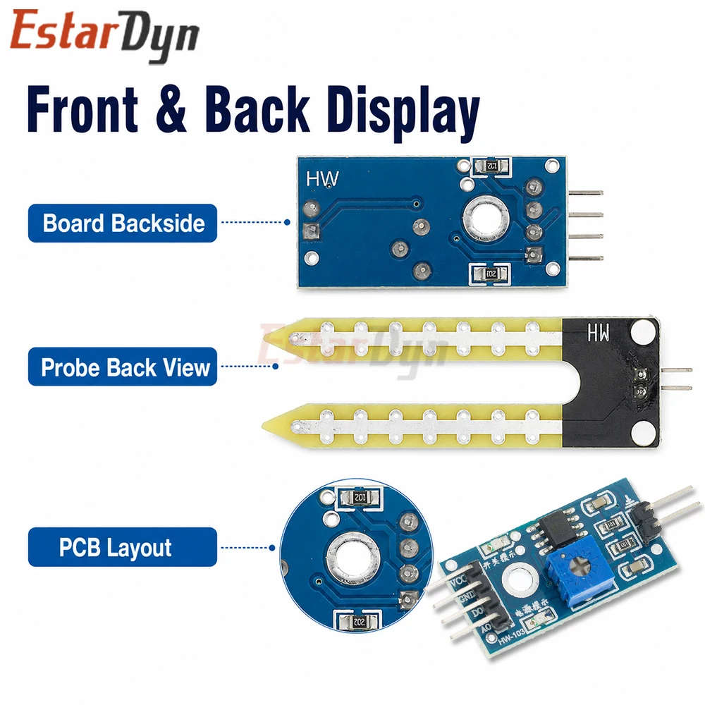 Estardyn LM393 Soil Moisture Humidity Sensor Module Hygrometer Corrosion-Resistant Probe for DIY Robot Smart Car Garden Watering