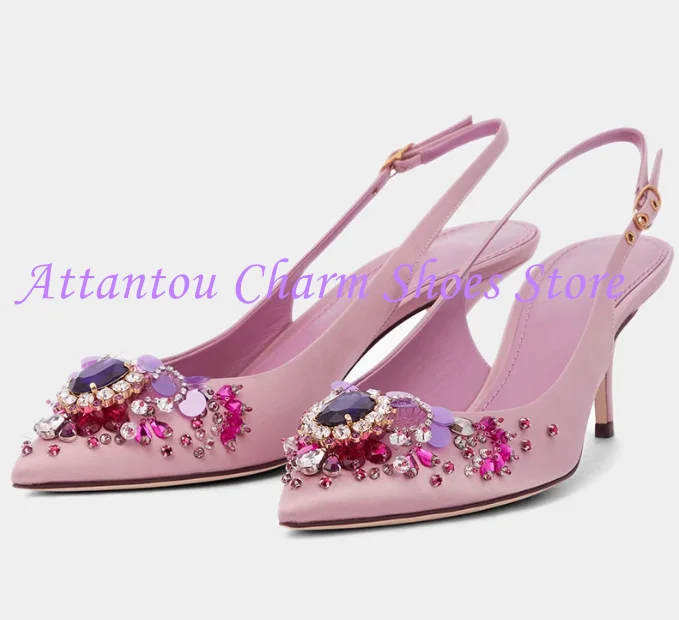 

Pink Color Crystal Sandals Lady Fashion String Beads Thin Heel Gladiator Sandals Woman Sexy High Heels Pumps Dress Party Shoes