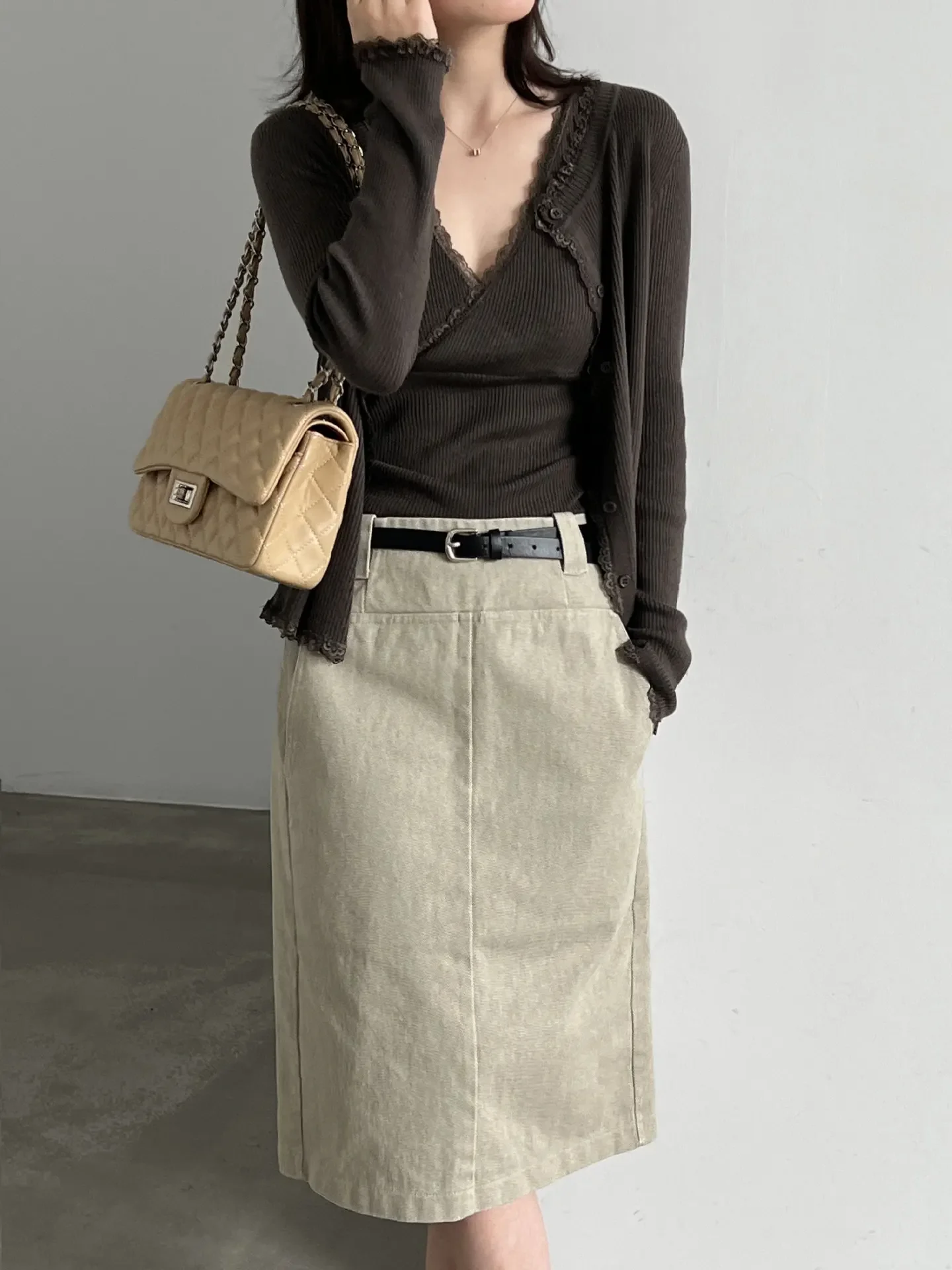 Fall Workwear Simple Commute Straight Skirt with Belt for Women Elegant A-Line Midi Skirt Professional Office Skirt