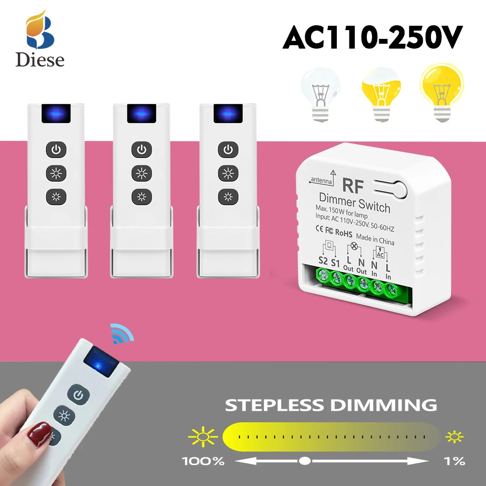 

Wireless dimmer switch light brightness adjustable RF433mhz AC110V 220V remote control 2-way for home room LED halogen light