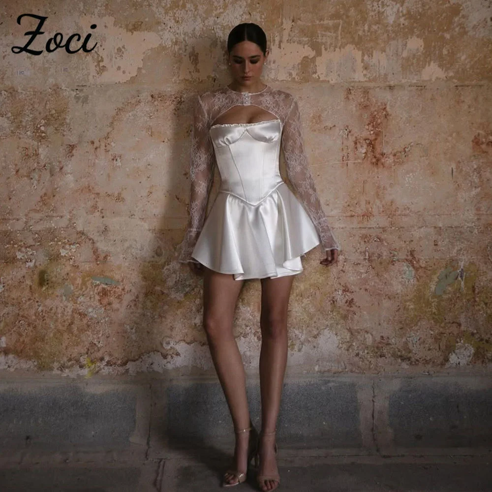 

Zoci Elegant 2 Style Short Mini Wedding Dresses 2025 Lace Cape Long Sleeves Bride Dress Customized Above Knee Bridal Party Gown