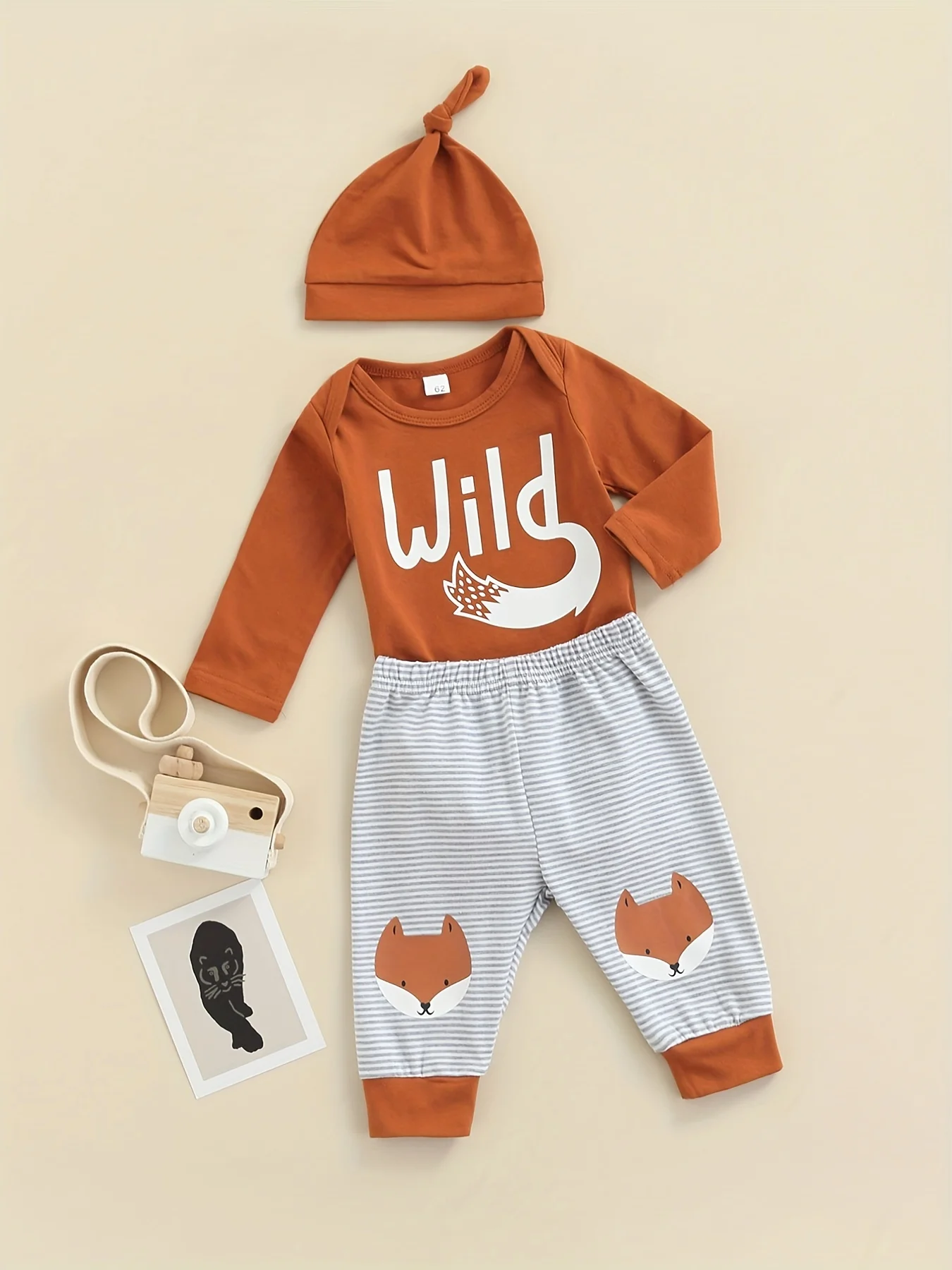 0-2 Years Old Spring And Autumn New Male And Female Kids Cute Fox Print Long Sleeve Briefs Top Baby Hat And Pants 3 Pieces