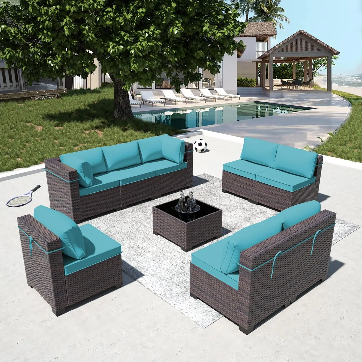 

6 Piece All Weather PE Rattan Sectional Sofa Set with Coffee Table & Thickened Cushions Outdoor Patio Conversation, Customized