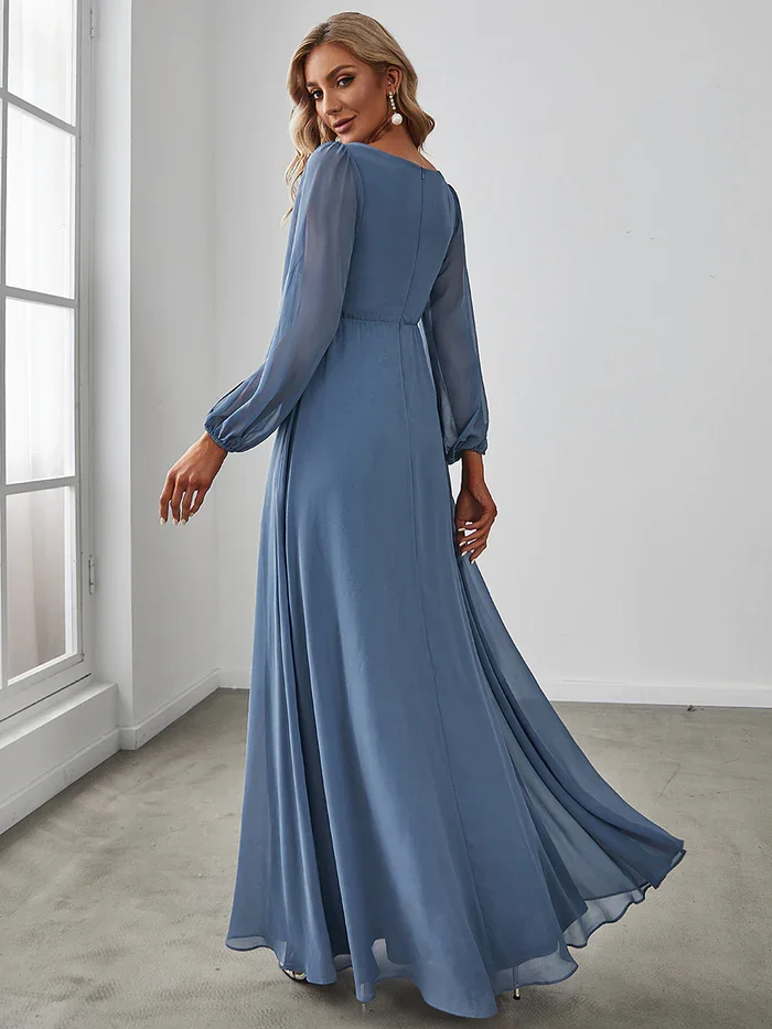 Ever-Pretty Elegant Chiffon V-Neckline Long Sleeve Formal Evening Dress   Floor Length Long Lantern Sleeves Formal Dresses