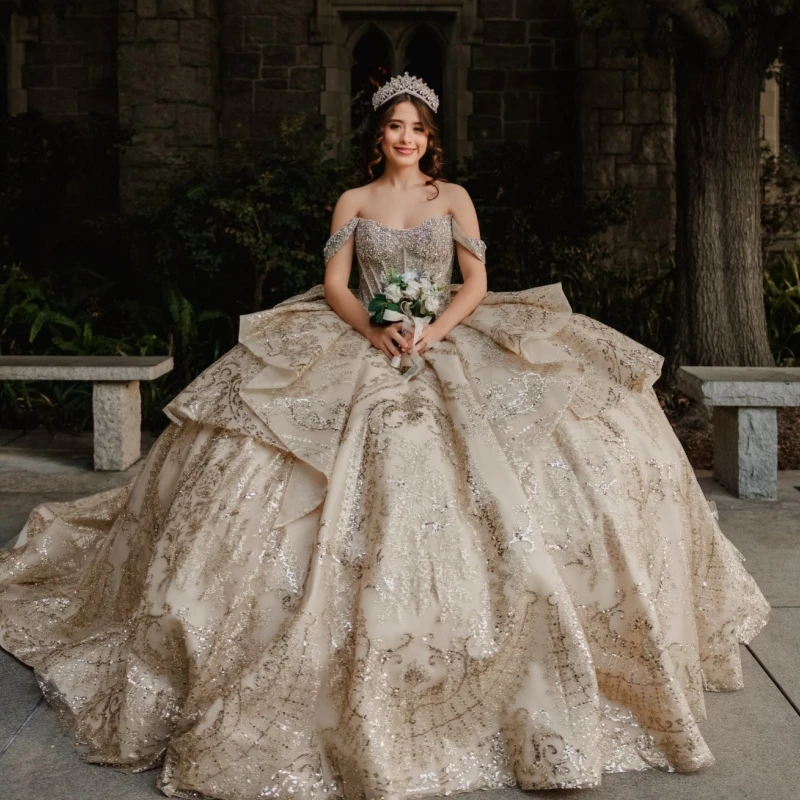 

Champagne Shiny Quinceanera Dresses Off The Shoulder Sequin Applique Lace Bow Beading Crystal Tull Corset Party Birthday Sweet